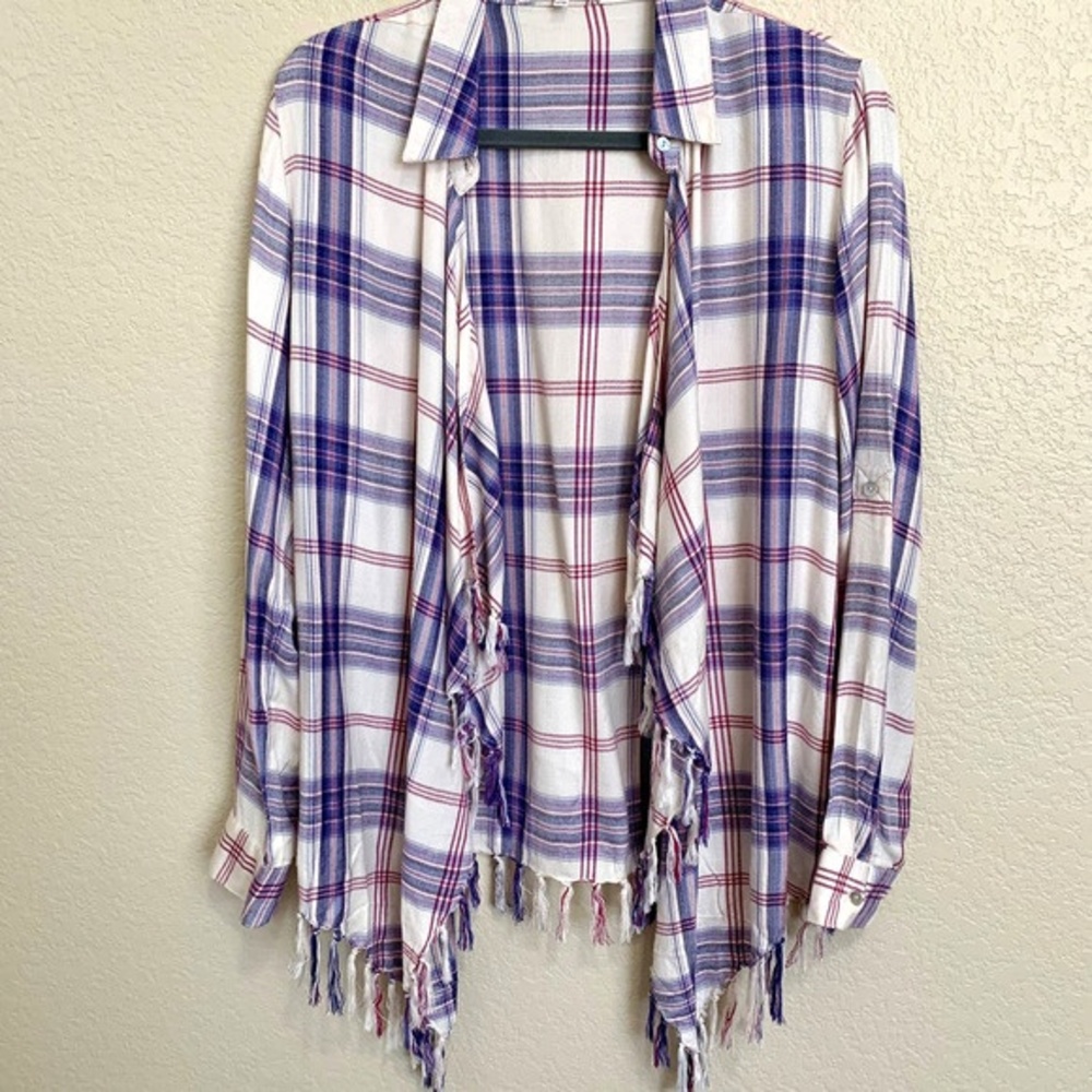 Anthropologie Willow & Clay blue duster open front cardigan Fringe Plaid size XS